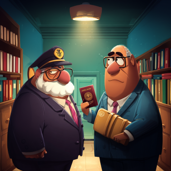 Two stout, older men, one in a uniform cap with a gold emblem and the other in a suit holding a gold document case and a small, red passport-like booklet, stand facing each other in a room lined with bookshelves.